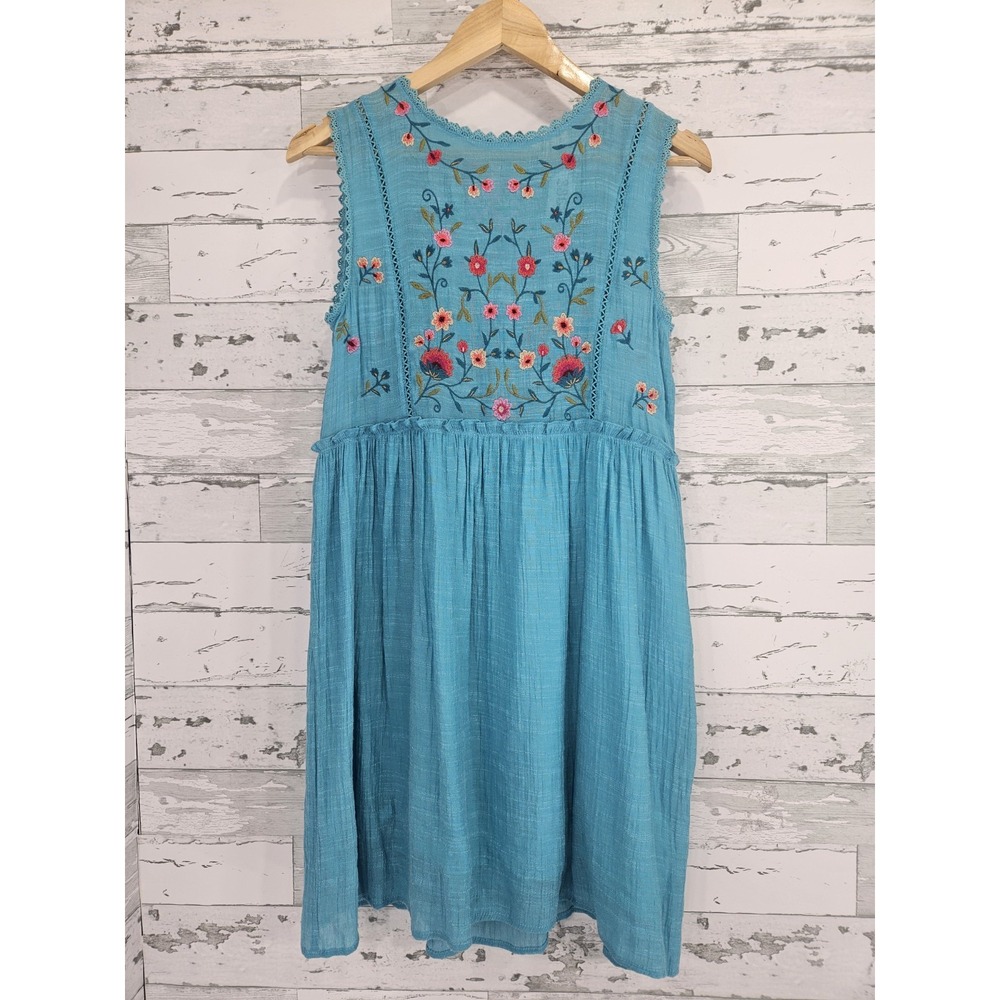 Umgee USA Turquoise Blue Floral Embroidered Boho Sleeveless Dress Small
